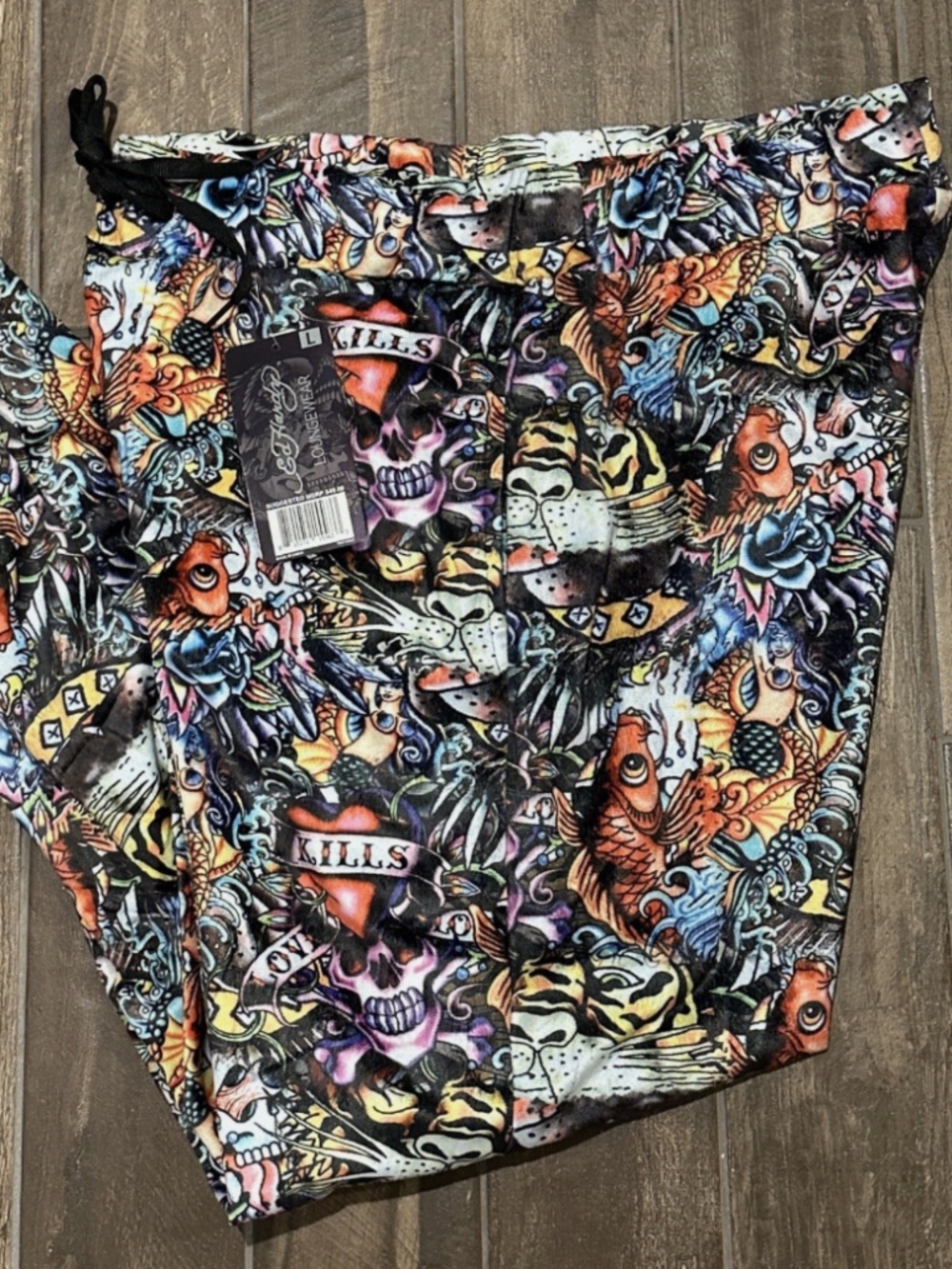 Ed Hardy Black Tattoo LARGE 100% Polyester Pajama Pants Men's Lounge Sleepwear